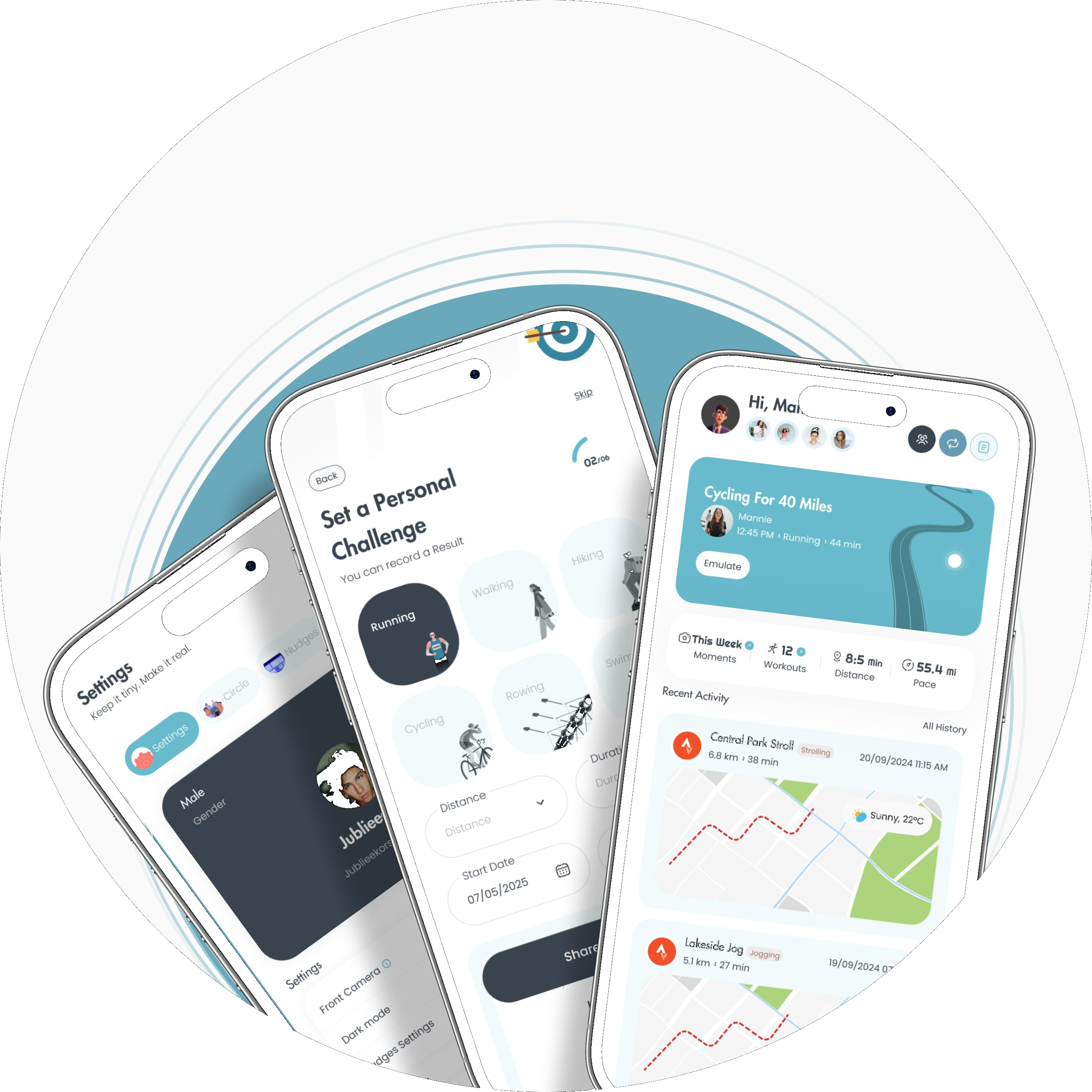kin settings, personal challenge, and home screens